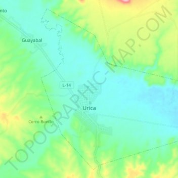 Mapa topográfico Urica, altitud, relieve