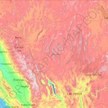 Mapa topográfico Nevada, altitud, relieve