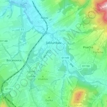 Mapa topográfico Jablunkov, altitud, relieve