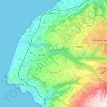Mapa topográfico Ricadi, altitud, relieve