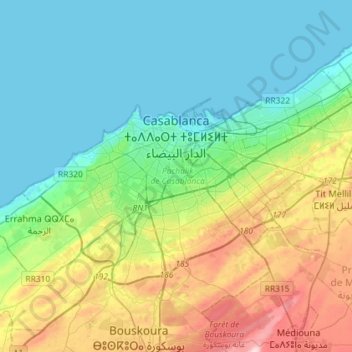 Mapa topográfico Casablanca ⵜⵉⴳⵎⵉ ⵜⵓⵎⵍⵉⵍⵜ الدار البيضاء, altitud, relieve