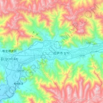 Mapa topográfico Chengguan District, altitud, relieve