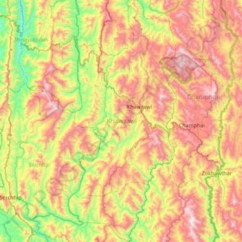 Mapa topográfico Khawzawl, altitud, relieve