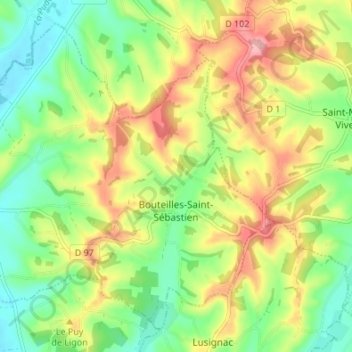 Mapa topográfico Bouteilles-Saint-Sébastien, altitud, relieve