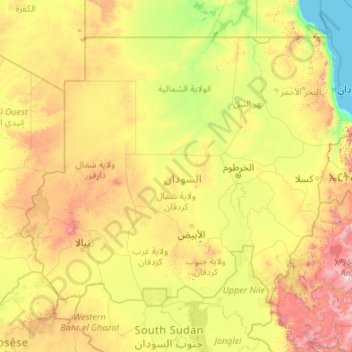 Mapa topográfico Sudan, altitud, relieve