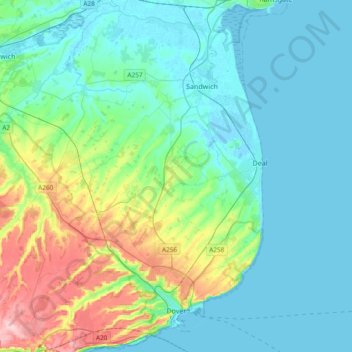 Mapa topográfico Dover, altitud, relieve