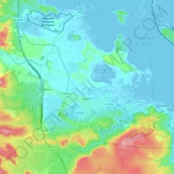 Mapa topográfico Sigean, altitud, relieve