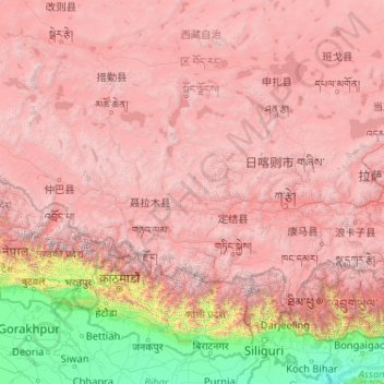 Mapa topográfico Shigatse Prefecture, altitud, relieve
