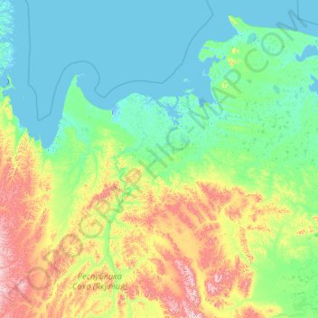 Mapa topográfico Ust-Yansky Ulus, altitud, relieve