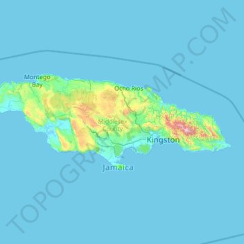 Mapa topográfico Jamaica, altitud, relieve