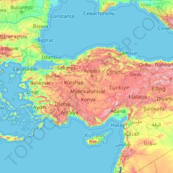 Mapa topográfico Asia Minor, altitud, relieve