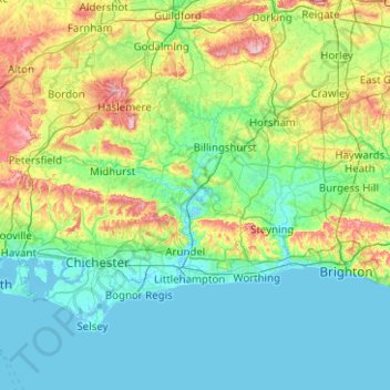 Mapa topográfico West Sussex, altitud, relieve