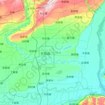 Mapa topográfico 大荔县, altitud, relieve
