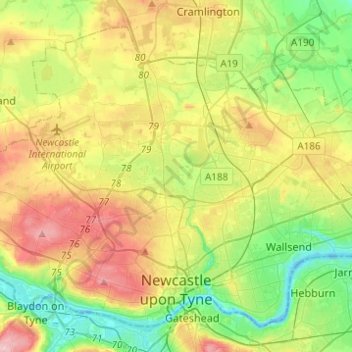 Mapa topográfico Newcastle upon Tyne, altitud, relieve
