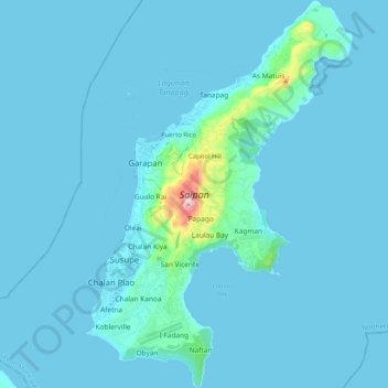 Mapa topográfico Saipan, altitud, relieve