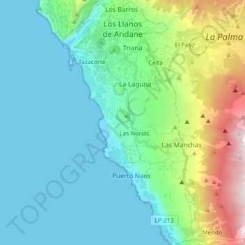 Mapa topográfico Los Llanos de Aridane, altitud, relieve