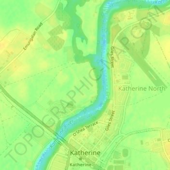 Mapa topográfico Katherine, altitud, relieve