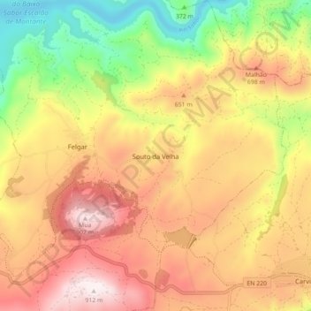 Mapa topográfico Souto da Velha, altitud, relieve