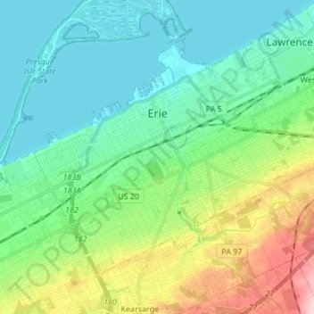 Mapa topográfico Erie, altitud, relieve
