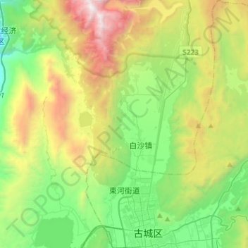 Mapa topográfico 束河街道, altitud, relieve