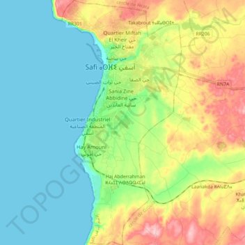 Mapa topográfico Safi, altitud, relieve