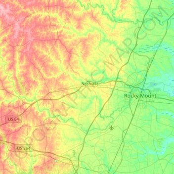 Mapa topográfico Nash County, altitud, relieve
