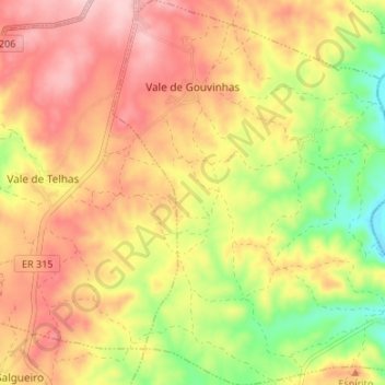 Mapa topográfico Vale de Gouvinhas, altitud, relieve