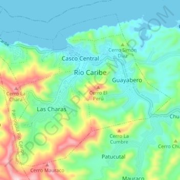 Mapa topográfico Río Caribe, altitud, relieve