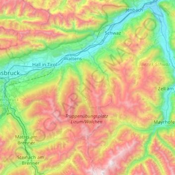 Mapa topográfico Tux Alps, altitud, relieve
