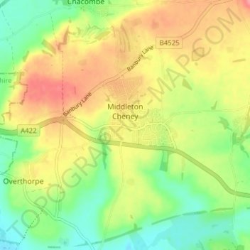 Mapa topográfico Middleton Cheney, altitud, relieve