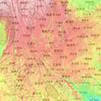 Mapa topográfico Yunnan, altitud, relieve