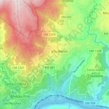 Mapa topográfico Vila Marim, altitud, relieve