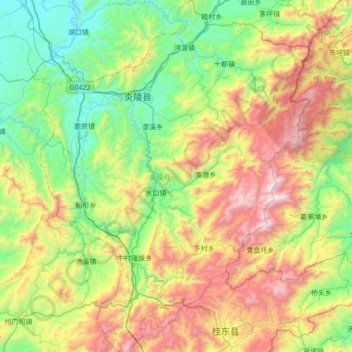 Mapa topográfico 炎陵县, altitud, relieve