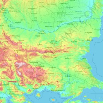 Mapa topográfico Bulgaria, altitud, relieve