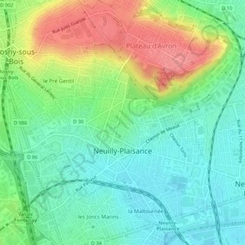 Mapa topográfico Neuilly-Plaisance, altitud, relieve