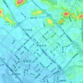 Mapa topográfico 新安街道, altitud, relieve
