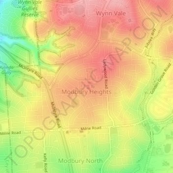 Mapa topográfico Modbury Heights, altitud, relieve