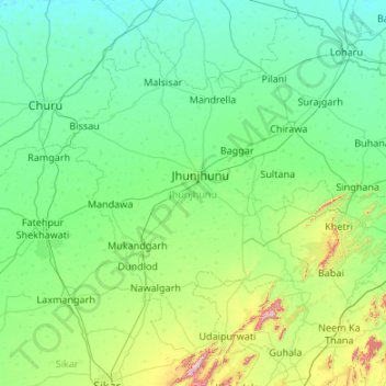 Mapa topográfico Jhunjhunu, altitud, relieve