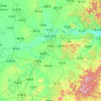 Mapa topográfico 哈尔滨市, altitud, relieve