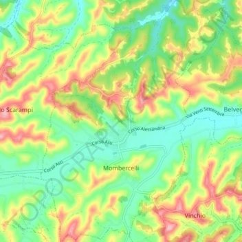 Mapa topográfico Mombercelli, altitud, relieve