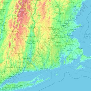 Mapa topográfico Massachusetts, altitud, relieve