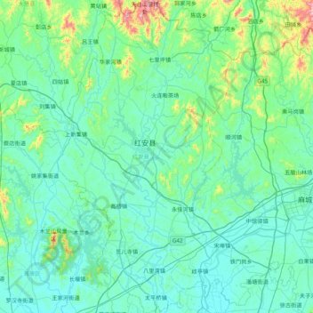 Mapa topográfico 红安县, altitud, relieve