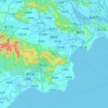 Mapa topográfico 潮南区, altitud, relieve