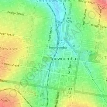 Mapa topográfico Toowoomba City, altitud, relieve