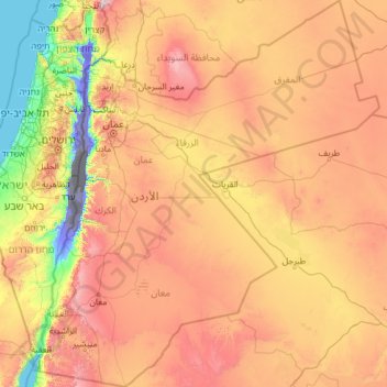Mapa topográfico Jordania, altitud, relieve