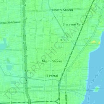Mapa topográfico Miami Shores, altitud, relieve