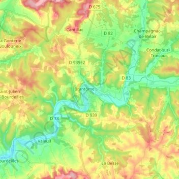 Mapa topográfico Brantôme en Périgord, altitud, relieve