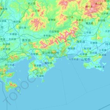 Mapa topográfico 惠东县, altitud, relieve