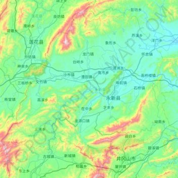 Mapa topográfico 永新县, altitud, relieve
