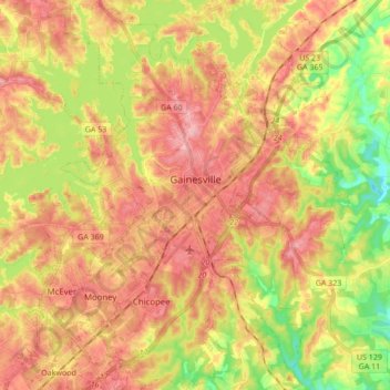 Mapa topográfico Gainesville, altitud, relieve